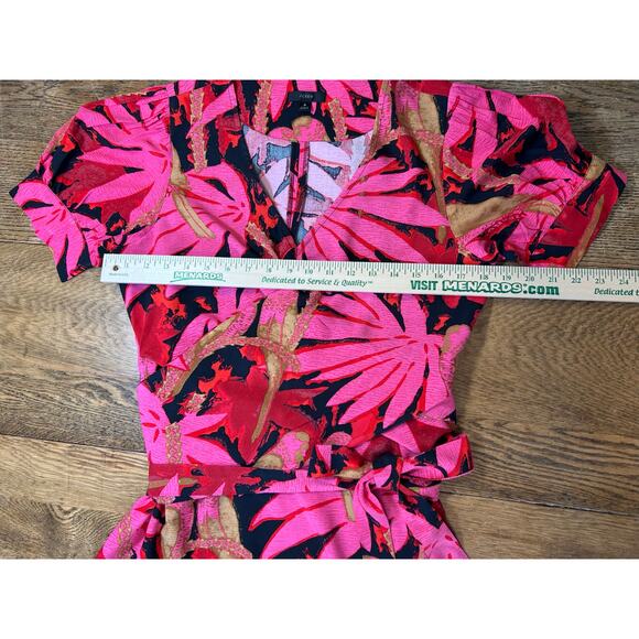 J. Crew Palm Print Faux Wrap Midi Dress Pink Red Black Sz 8 - Picture 3 of 11